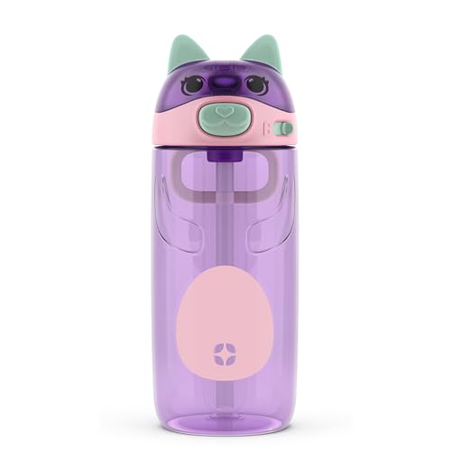 Ello Ellies 16oz Plastic Kids Water Bottle with Straw and Built-in Carrying Handle and Leak-Proof Locking Lid for School backpack, Lunchbox and Outdoor Sports, Cat