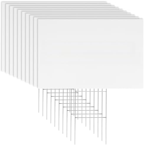10 Pack 18 x 12 Inches White Corrugated Plastic Yard Sign with Metal Stakes for Birthday, Real Estate Garage Sale Signs, Rent, Guidepost Decorations