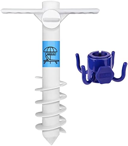 AMMSUN Beach Umbrella sand Anchor Stand Holder Heavy Duty and beach umbrella hanging hook, Universal One Size Fits Most Beach Umbrella| Safe Stand for Strong Winds Portable Beach Accessories