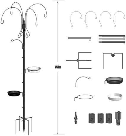Bird Feeding Pole, 75 Inch 4 Hooks Heavy-Duty Feeder and Water Dispenser Shepherd Hook, Feeding Station With Ground Stake, Outside