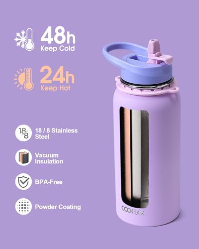 Coolflask Insulated Water Bottle with Strap, 32 oz Metal Water Flask with Straw & Spout Lids, Stainless Steel Double Wall Vacuum, Keep Cold 48h Hot 24h, Leak Proof & Non-BPA, Prussian Blue