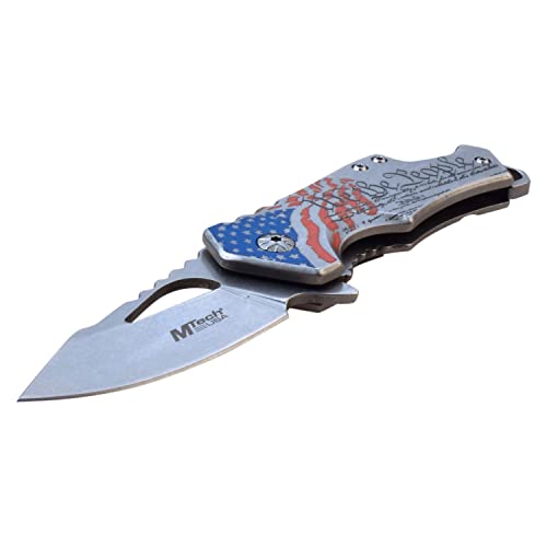 MTECH USA – Folding Knife – Stonewashed Stainless Steel Blade and Handle w/We The People Laser Etching, Frame Lock, Bottle Opener, Pocket Clip, EDC, MT-A882SAF