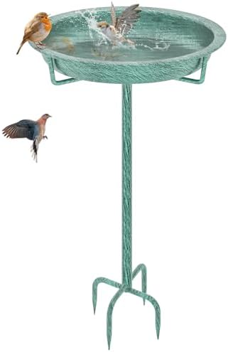 Metal Bird Bath for Outside, 36.2" Height Birdbath Bowl Standing Bird Feeders for Outdoors with 4 Prongs Base Stake, Freestanding Birdfeeders for Garden Yard Lawn Decor (Retro Green)