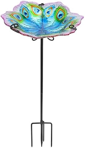 MUMTOP Glass Bird Bath, Garden Outdoor Birdbaths Birdfeeder with Metal Stake Peacock Bird Baths for Outside Yard