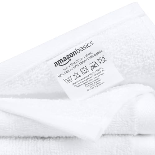 Amazon Basics 100% Cotton Washcloths for Bathroom, Fast Drying Salon Towels, Soft and Highly Absorbent, 24-Pack, White, 12 x 12 inches