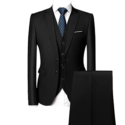 Casual 2 Button Suits for Men Slim Fit Notched Lapel Business Sets Solid Color Wedding Formal Jacket Vest Pants (Black,Medium)