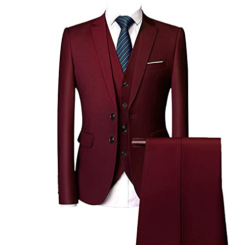 Casual 2 Button Suits for Men Slim Fit Notched Lapel Business Sets Solid Color Wedding Formal Jacket Vest Pants (Crimson,Medium)