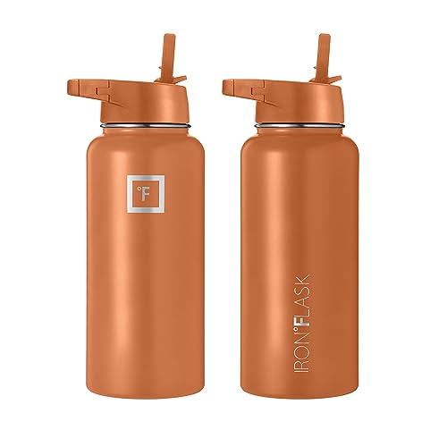 IRON °FLASK Sports Water Bottle - Wide Mouth with 3 Spout Lids - Stainless Steel Gym & Outdoor Bottles for Men, Women & Kids - Double Walled, Insulated Thermos, Metal Canteen - Clementine, 32 Oz