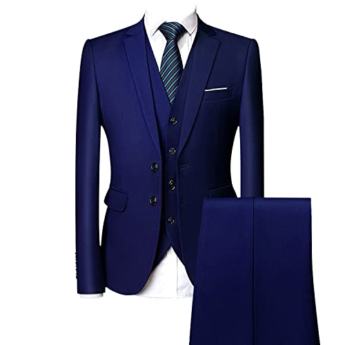 Casual 2 Button Suits for Men Slim Fit Notched Lapel Business Sets Solid Color Wedding Formal Jacket Vest Pants (Dark Blue,Medium)