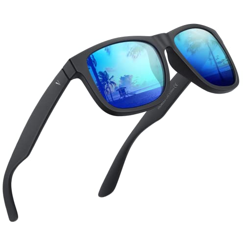 VELAZZIO Polarized Sunglasses for Men Women UV400 Protection Unisex Sunglasses Ultralight Frame for Driving Cycling Skiing, Black Frame Blue Lens
