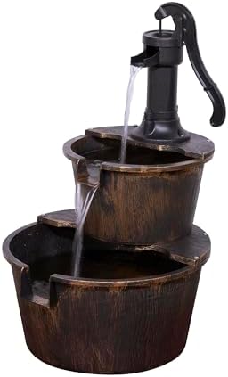 Alpine Corporation - Outdoor Rustic 2-Tiered Barrel and Pump Water Fountain – Bronze Finish, Relaxing Water Flow, Ideal for Garden, Patio, & Yard Décor, 27"H