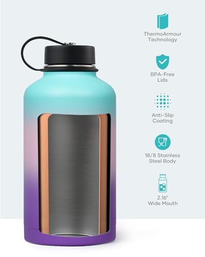 BUZIO 64oz Insulated Water Bottle Stainless Steel Double Wall Leak Proof Half Gallon with Straw Lid and Flex Cap (Cold for 48 Hrs) Sports Flask Metal Travel Mug for Hiking Cycling, Hydrangea
