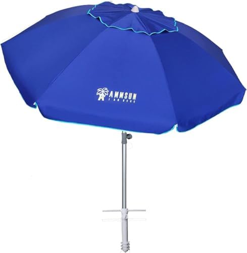 AMMSUN 7ft Heavy Duty HIGH Wind Beach Umbrella with sand anchor & Tilt pole Sun Shelter, UV 50+ Protection Outdoor Sunshade Umbrella with Carry Bag for Patio Garden Beach Pool Backyard Blue