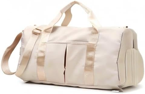 Small Gym Bag for Women and Men, Workout Bag for Sports and Weekend Getaway, Waterproof Dufflebag with Shoe and Wet Clothes Compartments (Beige)