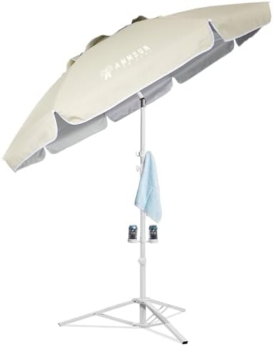 AMMSUN Shade Umbrella, Premium Portable Umbrella with Stand, 6.5ft Lightweight Free Standing Canopy for Sporting Games, Adjustable Instant Sun Protection and Easy to Carry, Beige