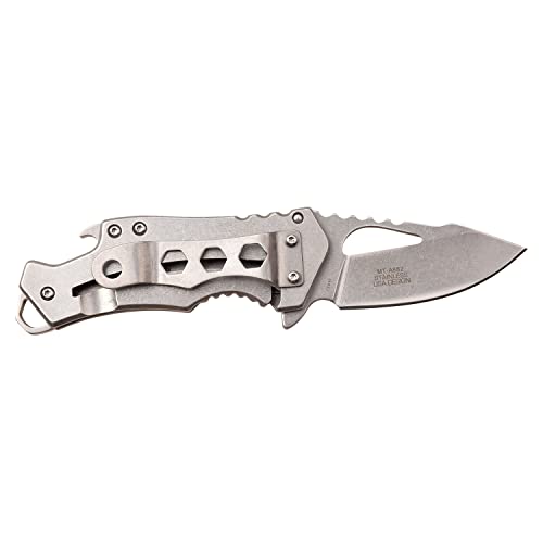 MTECH USA – Folding Knife – Stonewashed Stainless Steel Blade and Handle w/We The People Laser Etching, Frame Lock, Bottle Opener, Pocket Clip, EDC, MT-A882SAF