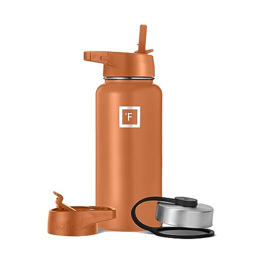 IRON °FLASK Sports Water Bottle - Wide Mouth with 3 Spout Lids - Stainless Steel Gym & Outdoor Bottles for Men, Women & Kids - Double Walled, Insulated Thermos, Metal Canteen - Clementine, 32 Oz
