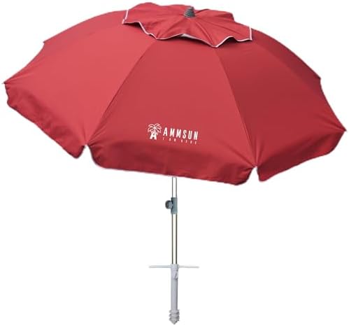 AMMSUN 7ft Heavy Duty High Wind Beach Umbrella Parasols with sand anchor Vent Tilt Sun Shelter, UV 50+ Protection Portable Outdoor Sunshade Umbrellas Carry Bag for Patio Garden Pool Backyard Red