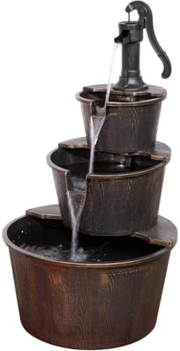 Alpine Corporation TEC234BR Outdoor Floor Tiered Rustic Pump and Barrel Water Fountain, Old-Fashioned Waterfall, 40", Brown