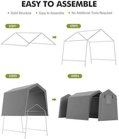 6 x 8 ft Carport Storage Shed, Portable Garage with Roll-up Zipper Door, Heavy Duty Waterproof Tarp, Storage for Motorcycle, Bike, Firewood, Garden Tools