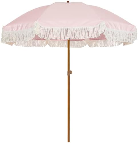 AMMSUN 7ft Patio Umbrella with Fringe Outdoor Tassel Umbrella UPF50+ Premium Steel Pole and Ribs Push Button Tilt, Elegant Pink