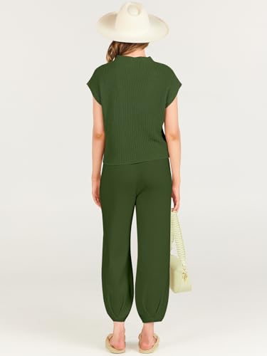 ANRABESS Women's Two Piece Outfits Knit Sweater Pullover Crop Top & Pants Lounge Matching Tracksuit Sweatsuit Sets 2024 Trendy Loungewear Clothes Amy Green X-Small