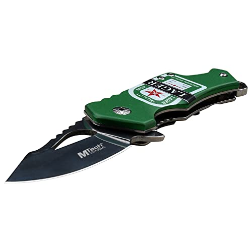 MTech USA – Spring Assisted Folding Knife – Satin Finish Fine Edge Steel Blade, Aluminum Handle w/Lager Beer Graphic, Bottle Opener and Pocket Clip, Tactical, EDC, Self Defense- MT-A88L