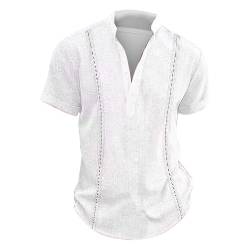 Mens Short Sleeve Henley Shirts Cotton Linen Casual Embroidery V Neck T Shirts Big and Tall Mexico Cuban Vacation Tops White