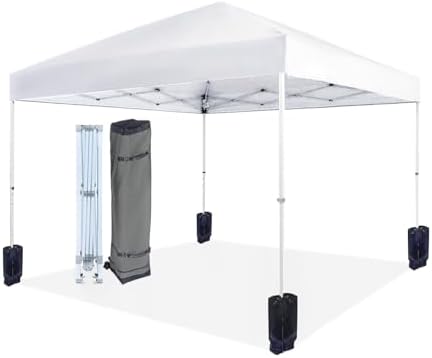 Amazon Basics Outdoor Pop Up 10 x 10 Canopy Tent for Events, Portable with Easy Setup, One-Push, Includes Wheeled Carry Bag, 8 Pegs, 4 Ropes, 4 Weighted Bags, White