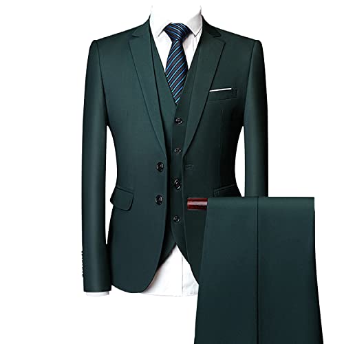 Casual 2 Button Suits for Men Slim Fit Notched Lapel Business Sets Solid Color Wedding Formal Jacket Vest Pants (Green,Medium)