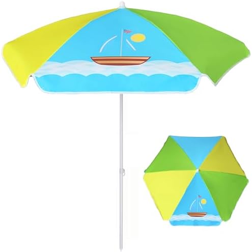 AMMSUN 5ft Seaside Umbrella for Sand and Water Table - Kids Durable Umbrellas for Children Beach Camping Garden Outdoor Play Shade (5ft Green Yellow Boat)