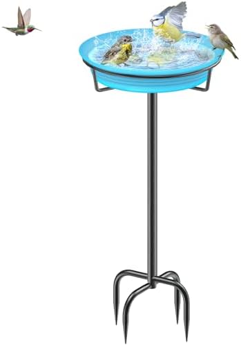 35.5In Freestanding Birdbaths Bowl Outdoor, Free Standing Garden Bird Bath Bird Feeder Bowl with Metal Stake, Detachable Decoration Spa Birdfeeder for Garden Patio Yard Lawn, 4 Spiky Feet (Blue)
