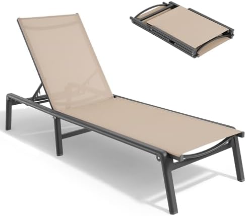 Aluminum Chaise Lounge Chair Outdoor, Foldable & Assembly Free Outdoor Lounge Chair with 5 Position Adjustable Backrest, Patio Pool Lounge Chairs for Outside Poolside Beach Lawn, 1PC, Khaki