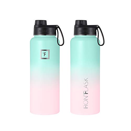IRON °FLASK Camping & Hiking Hydration Flask, Wide Mouth, 3 Spout Lids, Stainless Steel Outdoor Water Bottle, Double Walled, Insulated Thermos, Metal Canteen - Bubble Gum, 40 Oz