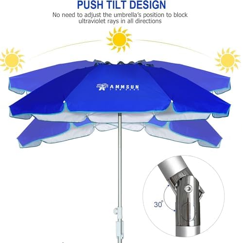 AMMSUN 6.5ft twice folded Portable beach umbrella with sand anchor windproof, Push Button Tilt and Air vent UPF 50+ Protection Fits in a large Suitcase for Patio Garden Beach Pool Backyard Blue