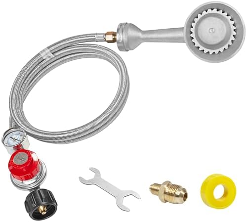 High Pressure Cast-Iron Round Burner Head, 30PSI Adjustable High Pressure Propane Regulator with 5FT Stainless Braided Hose and Brass Fitting for Propane Burner Head fit for Cooking Outdoor