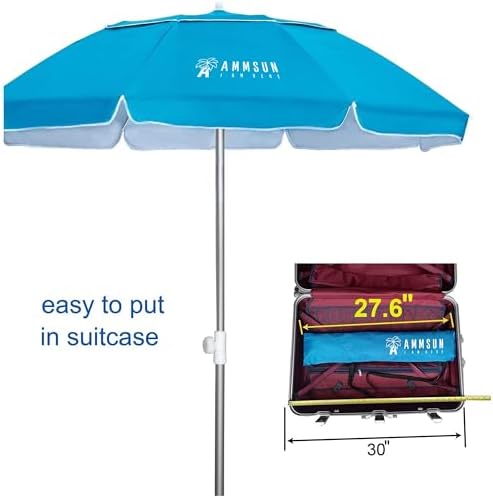 AMMSUN 6.5ft Twice Folded Portable beach umbrella with Sand Anchor Windproof Tilt Pole Air vent UPF 50+ Protection Fits in a large Suitcase Compact For Travel Patio Garden Pool Backyard Sky Blue