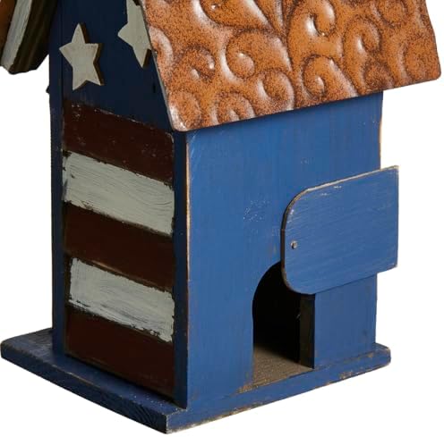 Glitzhome 12.25" H Patriotic Solid Wood Hanging Birdhouse for Outside, Decorative Pet Cottage Villa Distressed Wooden Bird House with 3D Star for Garden Patio Backyard