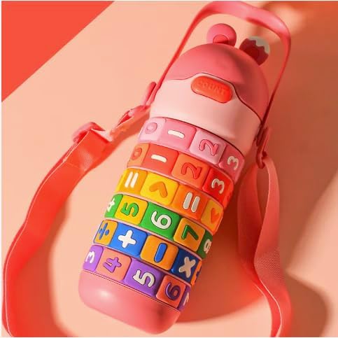 Kids Premium 14 oz Math Water Bottle with Silicone Spout, Leak-Proof Locking Flip Lid, Carrying Strap, Educational, Fun, Learning, Puzzle, Insulated, Stainless Steel Thermos, Sensory, Fidget. (Blue)