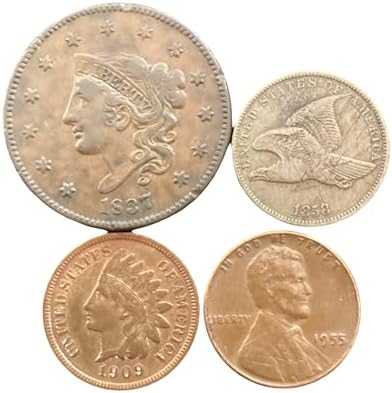 Antique Coins Vintage Penny Set. Braided Hair Large Cent. 1839-1857, Flying Eagle Penny 1857-1858. Indian Head Penny 1858-1909. Wheat penny1909-1958. Circulated