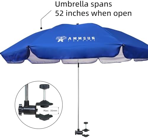 AMMSUN XL Chair Umbrella with Universal Clamp Adjustable 52 inches and 360-degree Swivel UPF 50+, Portable Clamp on Camping or Beach Chair, Stroller, Wheelchair, Golf cart, Blue, Large-sized