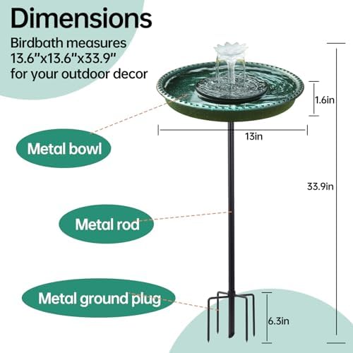 Solar Powered Bird Bath with Fountains for Hummingbirds,Stable Stylish Design with 5-Prong Base Stake Plastic Bird Bath for Outside Lawn Patio Yard Garden