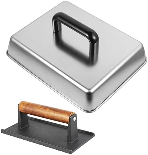 13 x 9 Inch Rectangular Basting Cover and Grill Press Kit for Blackstone Accessories, Universal BBQ Melting Dome Steaming Lid & Smash Burger Press for Flat Top Teppanyaki, Dishwasher Safe