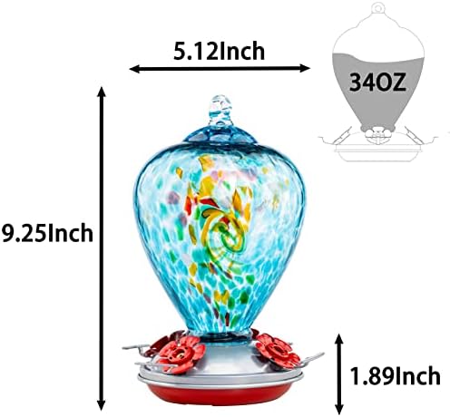 Muse Garden Hummingbird Feeders for Outdoors Hanging, Blown Glass Hummingbird Feeder Unique Gifts for Women, Containing Ant Moat, Garden Decor, 34 Ounces, Blue Chatoyant