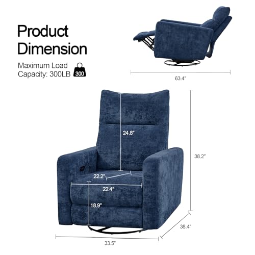 Power Swivel Rocker Recliner Chair Set of 2, 270° Swivel Rocking Chair for Adults Living Room Nursery Bedroom Electric Glider Reclining Single Sofa with USB Port Infinite Position Backrest (Dark Blue)