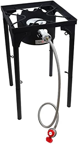 GasOne Propane Single Burner Camp Stove with High Temp Paint & Red QCC Steel Braided Regulator with Height Adjustable Leg