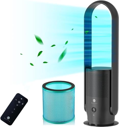 ULTTY Bladeless Tower Fan with HEPA Filter, 90° Oscillating Tower Fan, Remote Control, Touch, 8H Timer, 9 Speeds, Powerful Floor Fan for Bedroom Room Home Office, CR022, Black