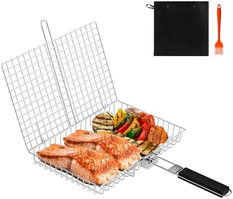 1-Pack Grill Basket with Removable Handle and 304 Stainless Steel, Grill baskets for outdoor grill,Ideal for Grilling Fish and Vegetables, BBQ Accessories for Easy Cooking