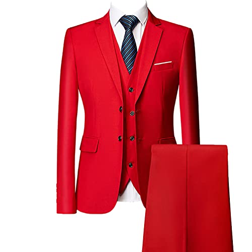 Casual 2 Button Suits for Men Slim Fit Notched Lapel Business Sets Solid Color Wedding Formal Jacket Vest Pants (Red,Medium)