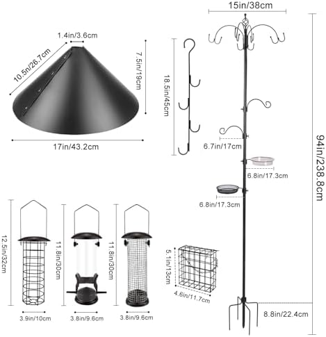 Deluxe Bird Feeding Station Kit Bird Feeder Pole with Squirrel Baffle, Suet Cage, Bath Tray for Planter Hanger - Wildlife-Friendly Design